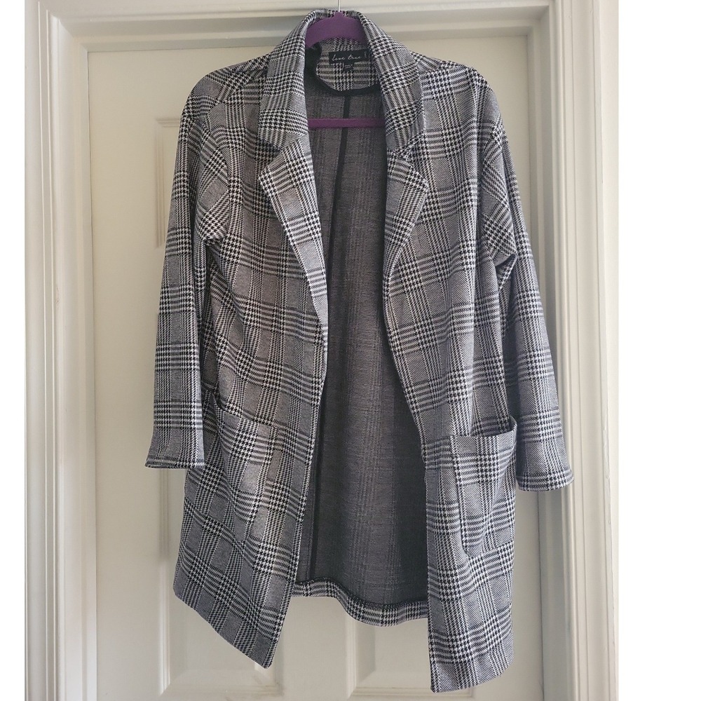 Love Tree Womens Glen Plaid Open Front Longline Blazer Black White Large